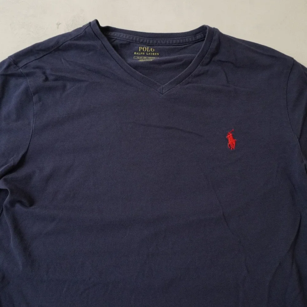 Polo Ralph Lauren T-Shirt Small Mens Navy Blue V-Neck Red Pony Logo Short Sleeve